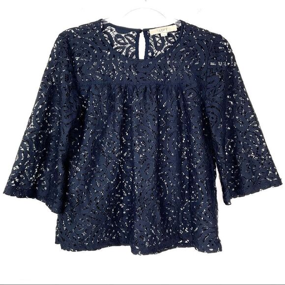 LOFT Dark Blue Lace Crochet 3/4 Sleeve Top XS - Picture 1 of 5
